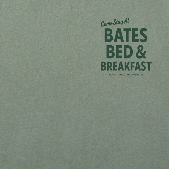 A square graphic with a textured sage green background and dark green text reading 'Come Stay At BATES BED & BREAKFAST' with smaller text 'FAMILY OWNED AND OPERATED' in the upper right.