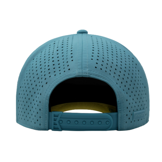 The back view of a teal blue perforated baseball cap with a yellow interior lining and a blue adjustable strap.