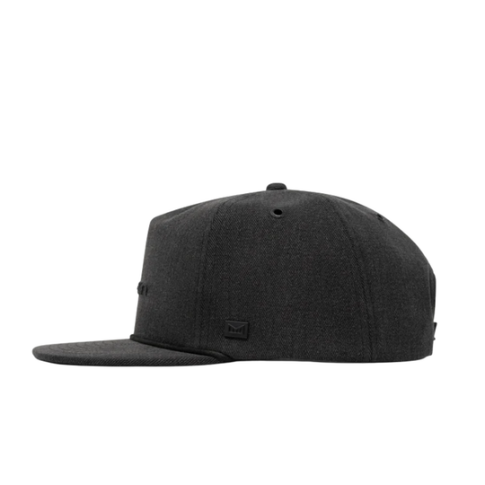 A dark charcoal gray flat-brim cap shown from a side profile view against a solid white background.