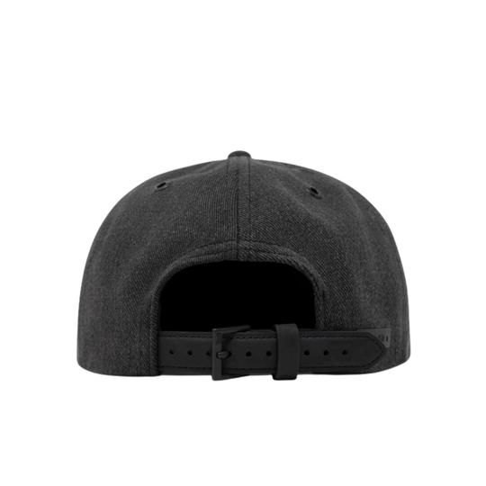 The back view of a dark gray textured snapback cap with an adjustable black strap and black plastic buckle, shown on a solid white background.