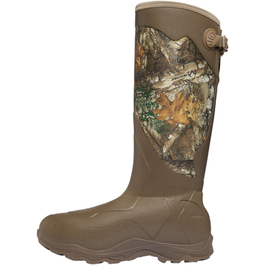 A single mid-calf hunting boot in brown with a Realtree camouflage pattern panel on the upper shaft, shown against a plain white background.