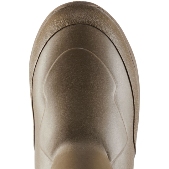 Close-up of the toe and side profile of a brown rubber boot against a white background.