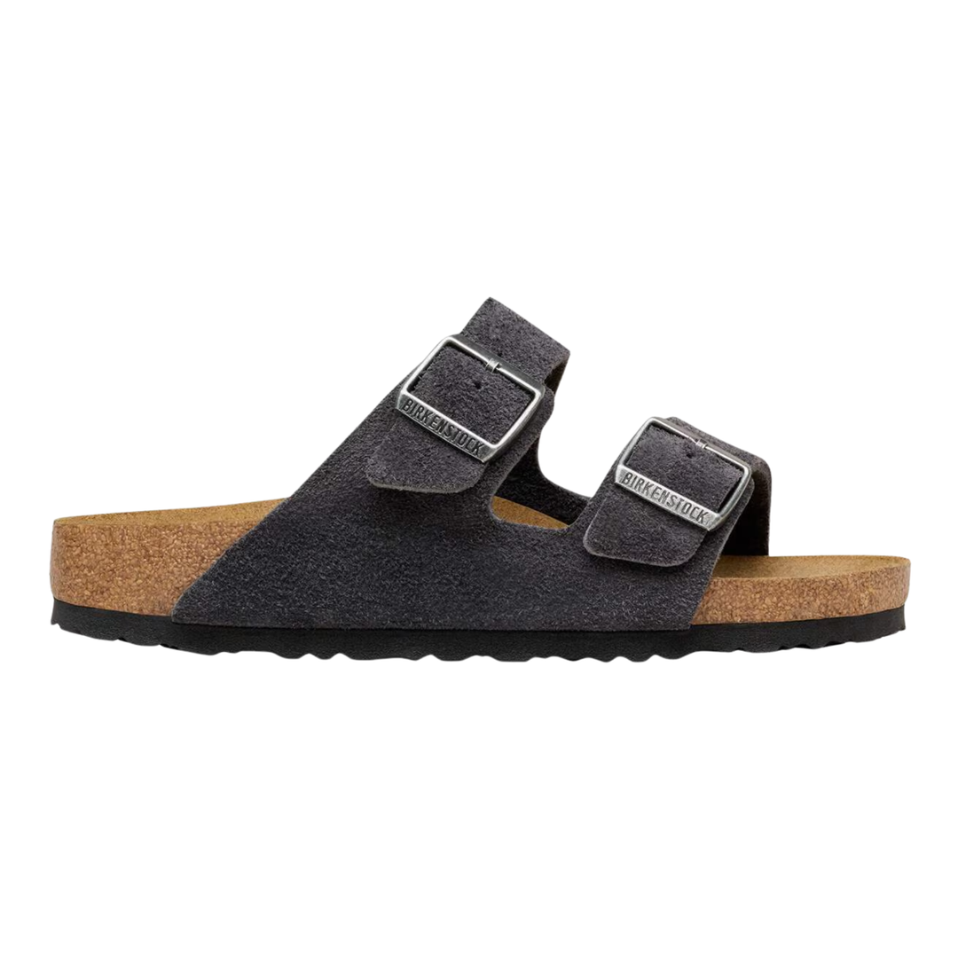 A dark gray double-strap sandal with silver-tone buckles, a cork-look footbed, and a black outsole, shown on a plain white background.