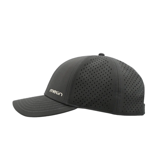 A dark gray perforated baseball cap with a curved brim, featuring the 'melin' brand logo in white on the side, set against a plain white background.