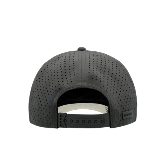 Rear view of a dark gray perforated baseball cap with an adjustable strap and a small brand tag on the side, set against a plain white background.