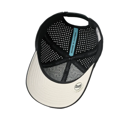 A black and off-white trucker-style baseball cap with a perforated back panel, a geometric pattern on the visor, and a light blue interior label.