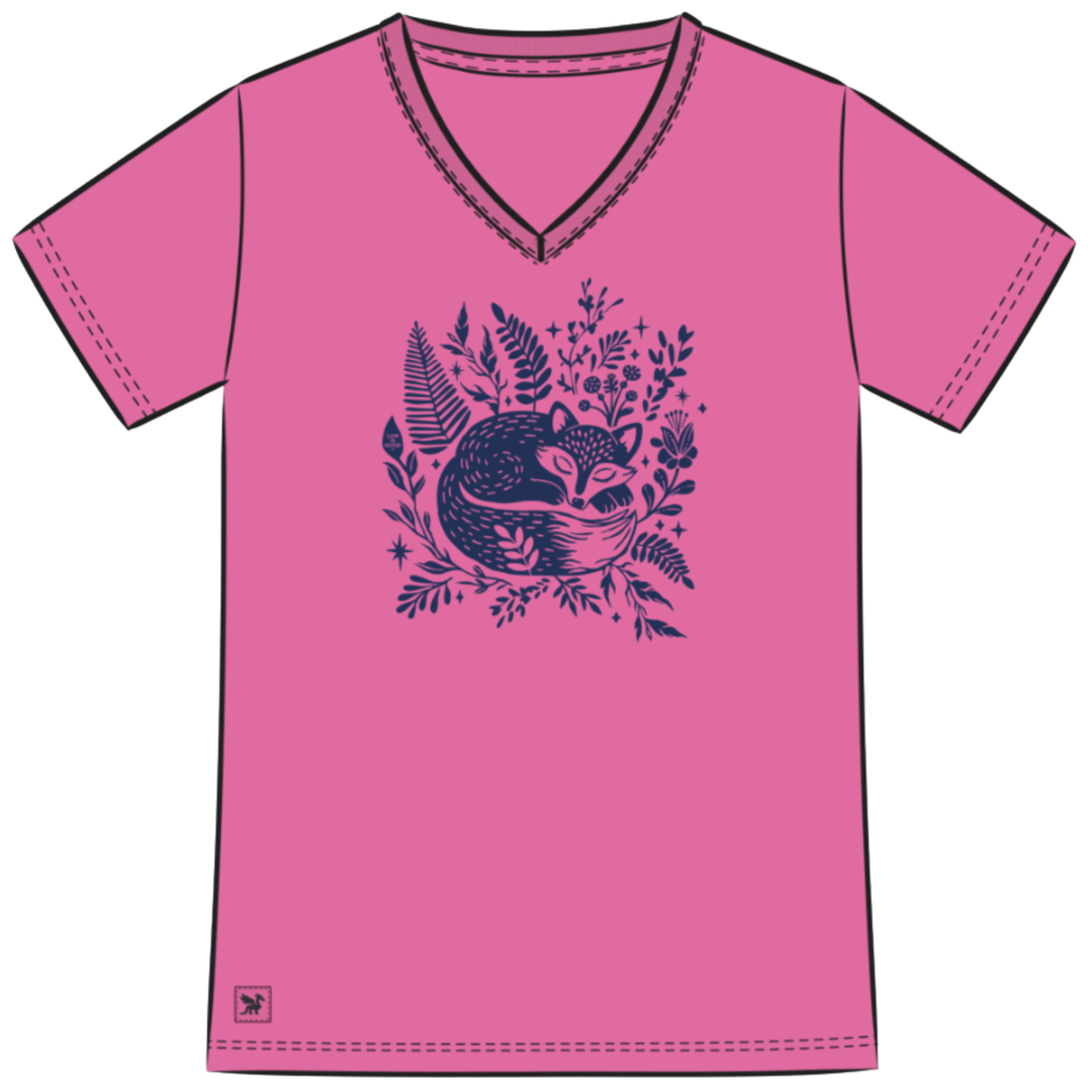 Life Is Good Women's Sleeping Fox On Ferns Crusher Short Sleeve - Watermelon Pink on a white plain background