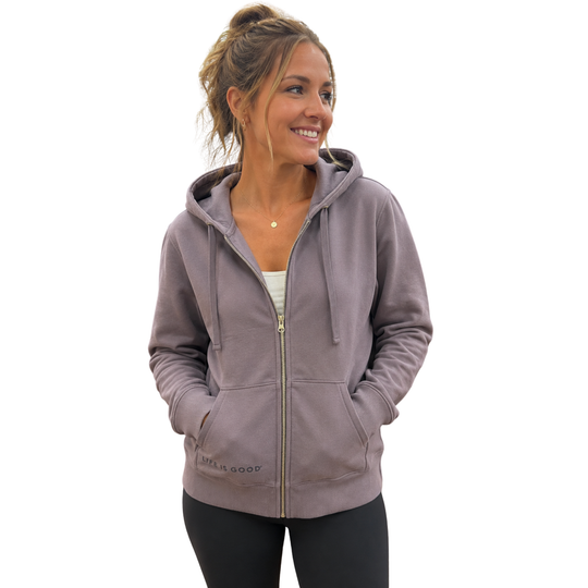 Woman wearing Life Is Good Women's Good Crafty Hoodie - Dusk Purple on a plain white background