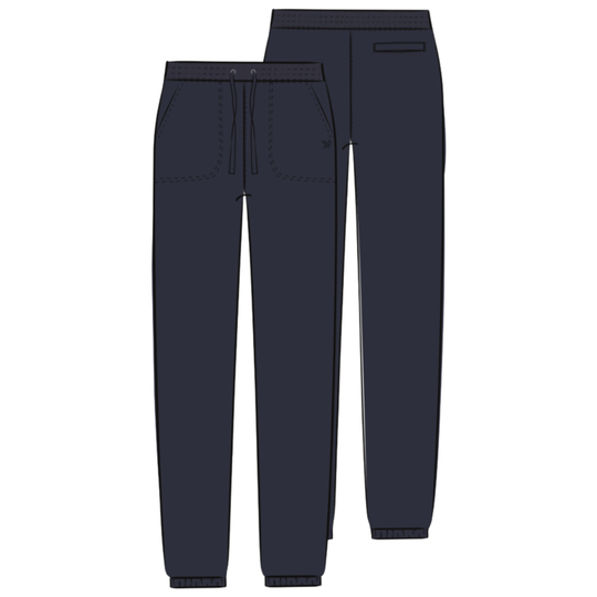 A pair of dark navy jogger pants shown from the front and back on a plain white background.