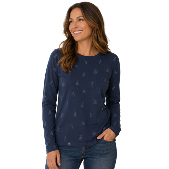 A woman wearing a navy blue long-sleeve crewneck shirt with a subtle tonal pattern, paired with blue jeans, photographed against a solid white background.