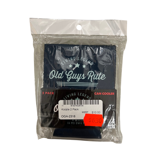 A 2-pack of Living Legend 'Old Guys Rule' can coolers in a clear plastic bag with a white price sticker on the front.