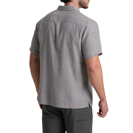 A man wearing a heather gray short-sleeve button-up shirt, shown from the back against a plain white background.