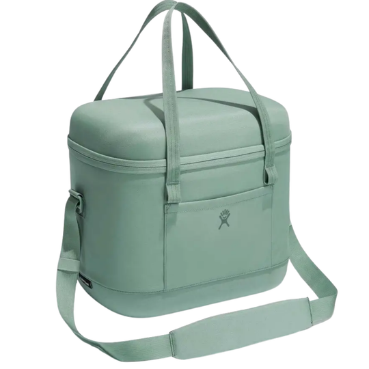 A sage green insulated cooler bag with dual top handles, a detachable shoulder strap, and a small embroidered logo on the front pocket, shown against a plain white background.