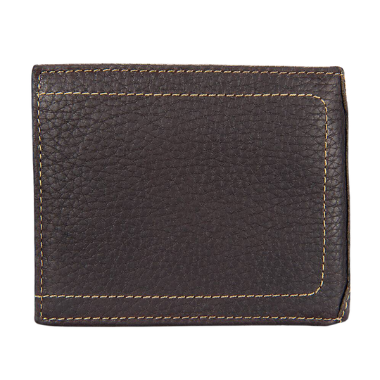 A dark brown textured leather bifold wallet with light tan contrast stitching, shown flat against a solid white background.