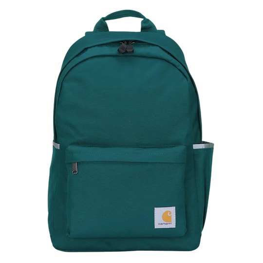 A teal green Carhartt backpack with a front zippered pocket and a white Carhartt brand patch on the lower right of the pocket, shown against a plain white background.