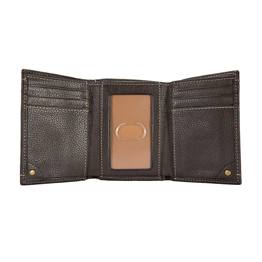 An open dark brown textured leather bi-fold wallet with a tan ID window in the center, shown against a plain white background.