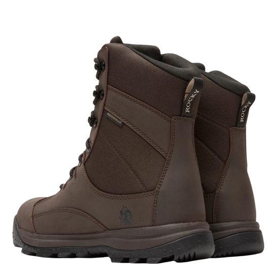 A pair of Rocky brand mid-calf lace-up boots in dark brown, shown from a three-quarter angle against a plain white background.