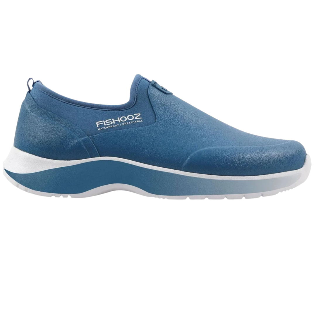 A blue slip-on shoe by FISHOOZ, featuring a textured blue upper, a thick white midsole, and a blue and white gradient outsole, shown from a side profile view on a white background.