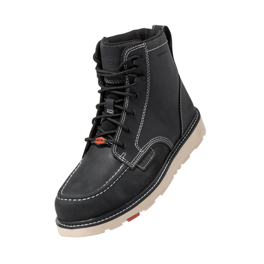 A single black leather lace-up work boot with white contrast stitching, a beige sole, and small orange accents, shown on a plain white background.