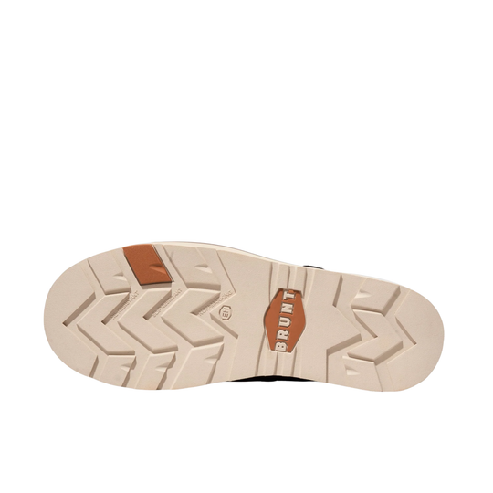 Close-up of a shoe sole with 'Brunt' branding on a white background