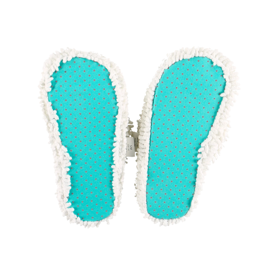 Two turquoise microfiber floor mops with white fluffy edges and a silver metal clip in the center, shown against a plain white background.