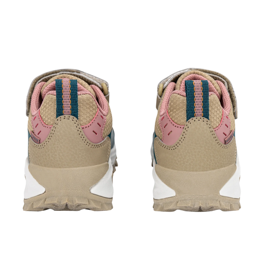 A pair of children's sneakers shown from the back, featuring a beige mesh upper with pink overlays, teal accents, and white midsoles on a plain white background.