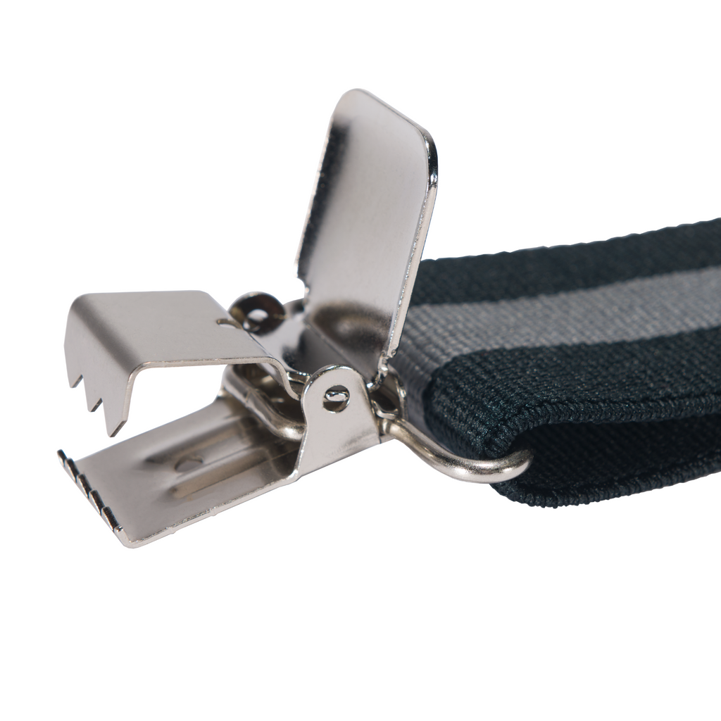 Metal clip attached to a black strap on a white background