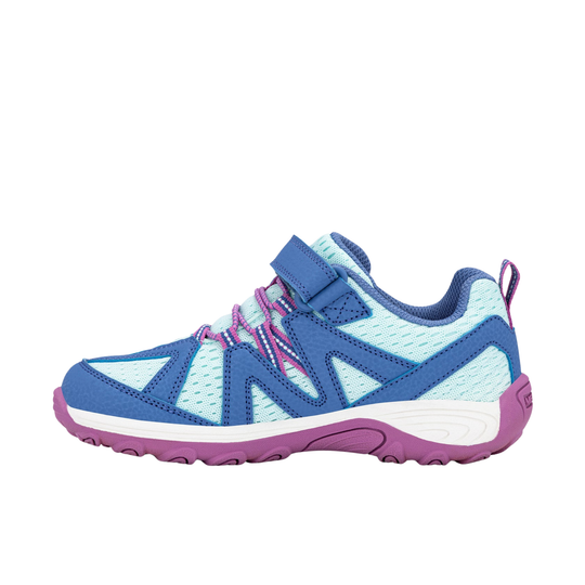 A children's athletic sneaker in blue and light blue mesh with purple laces and a purple and white sole, shown from a side profile on a white background.