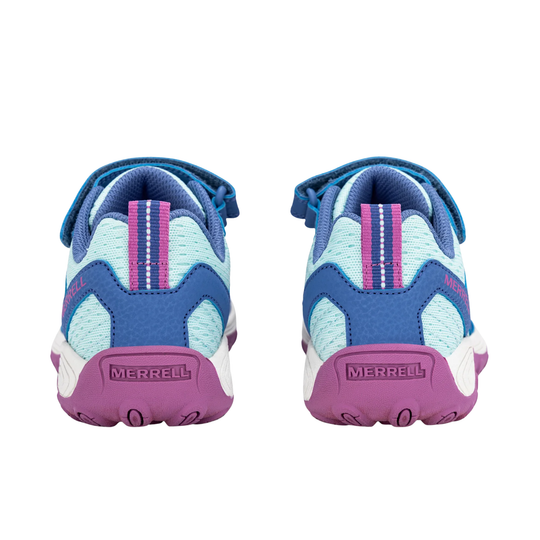 A pair of Merrell kids' sneakers shown from the back, featuring a color-blocked design in blue, light blue, pink, and purple on a white background.
