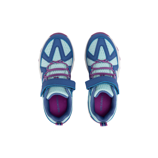 A pair of kids' athletic sneakers shown from a top-down view. The shoes feature a blue and light blue mesh upper with purple accents on the laces, lining, and heel details.