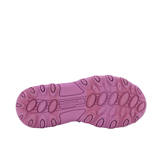 A pink Merrell hiking shoe sole shown from a top-down view on a plain white background.