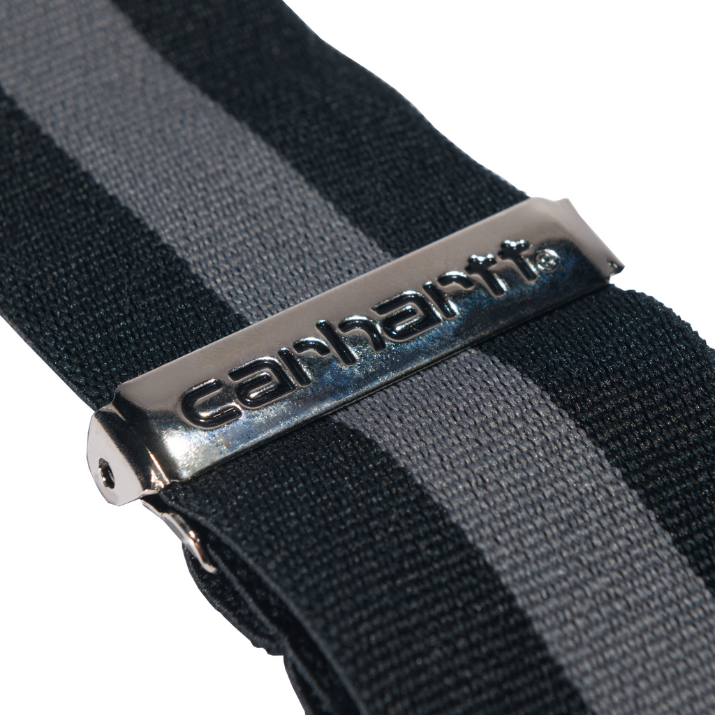 Close-up of a Carhartt belt with a striped pattern on a white background