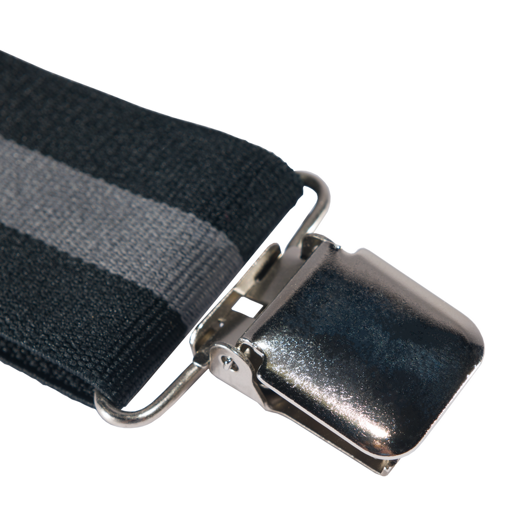 Black and gray striped belt with a metal buckle on a white background