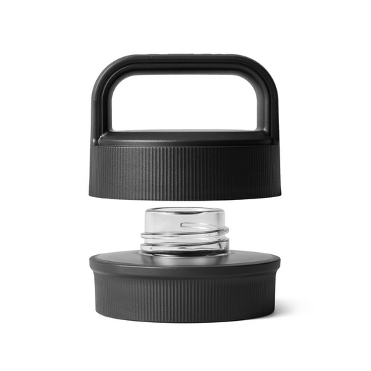Black water bottle cap with built-in handle and clear threaded bottle neck shown separated
