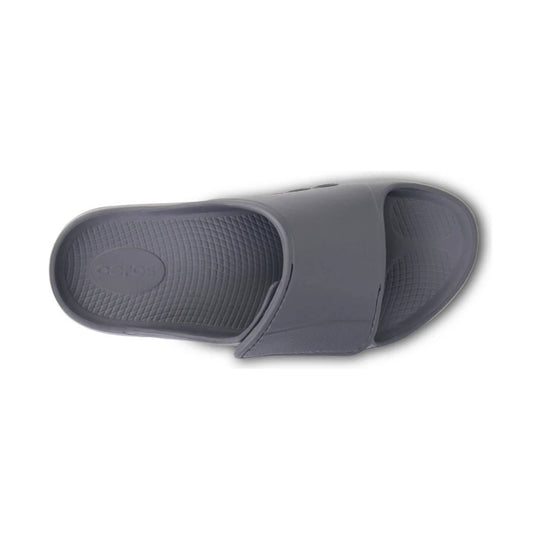 Gray single-strap slide sandal with textured footbed and sole