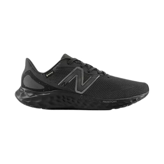 Black low-top running shoe with knit upper, oversized side logo, and cushioned sole