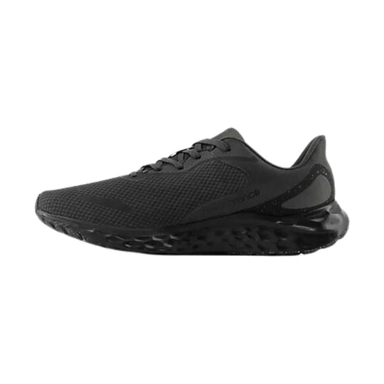 Black lace-up running shoe with mesh upper and thick cushioned sole, side view