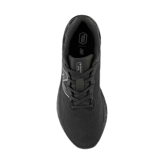 Black running shoe viewed from above with laces and textured mesh upper