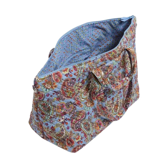 Large light blue paisley quilted tote bag with open top