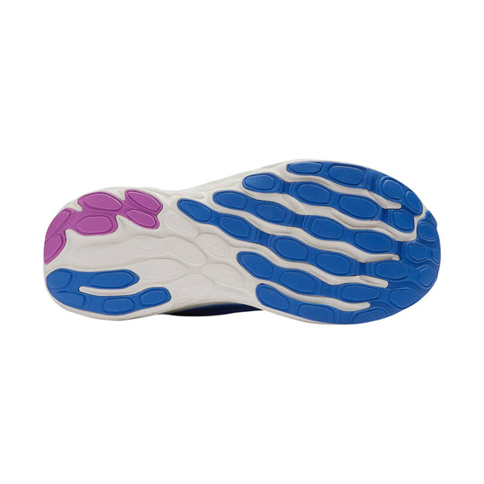 White running shoe outsole with blue and purple rubber pods