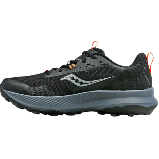 Black and gray running shoe with orange accents on a white background