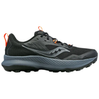 Black and gray running shoe with orange accents on a white background
