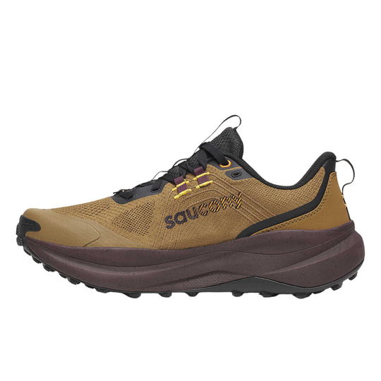Brown and black trail running shoe with thick sole and visible Saucony logo