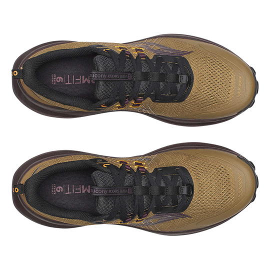 Pair of brown athletic shoes with black accents on a white background