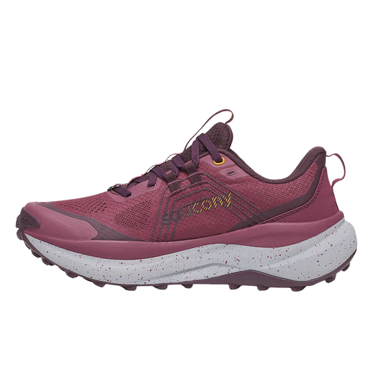 Maroon running shoe with white sole on a white background