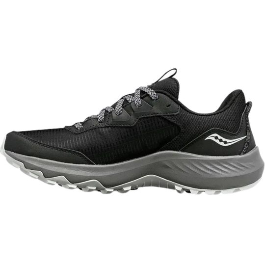 Black and gray running shoe with brand logo on a white background