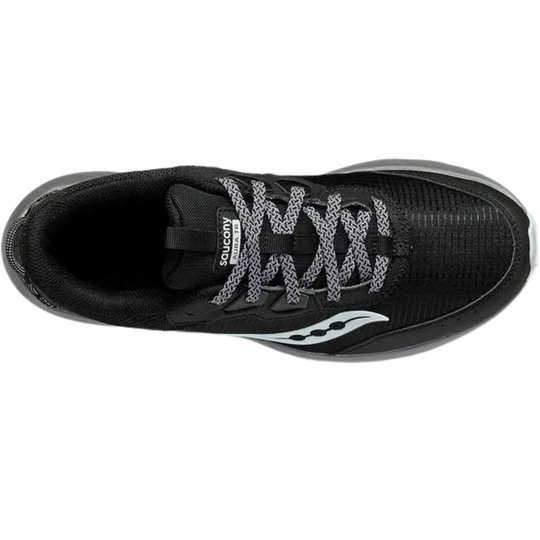 Black running shoe with gray laces on a white background