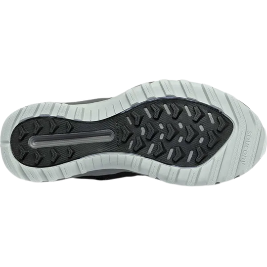 Close-up of a running shoe sole with tread pattern on a white background