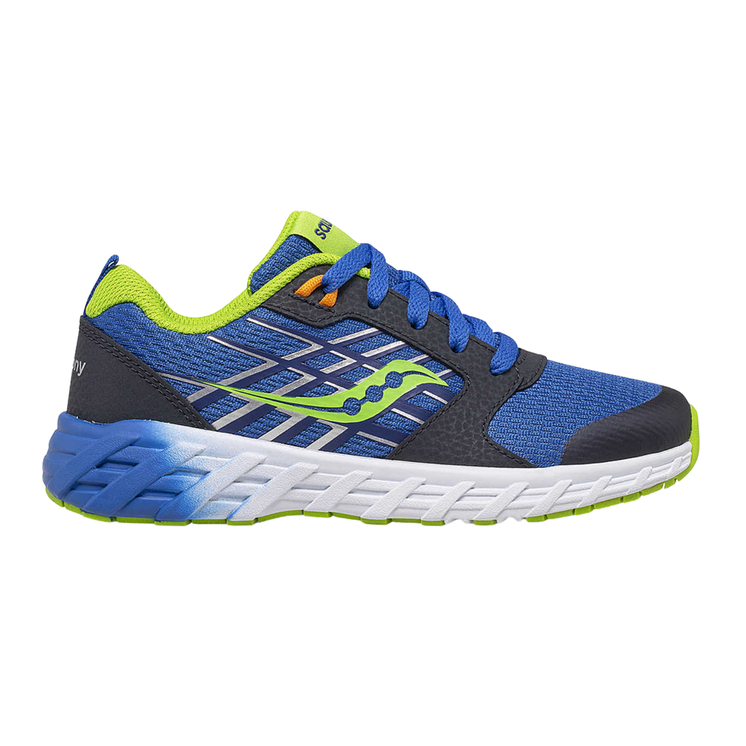 Blue and green running shoe on a white background