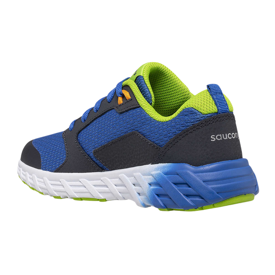 Blue and green children's sneaker on a white background